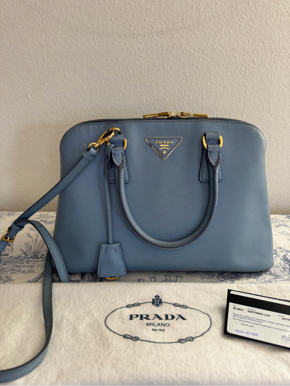 Prada Dusty Blue Saffiano Dome Satchel